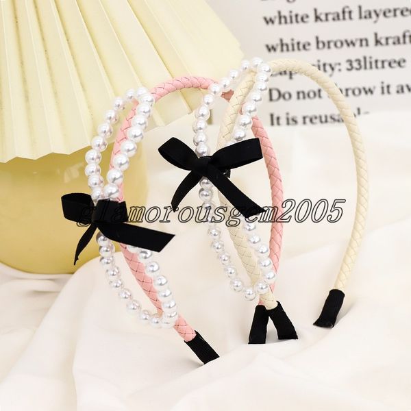

2021 vintage pearl bow pu leather headbands bezel hairband women hair accessories girls headband opaska do wlosow bandeau femme diademas, Silver