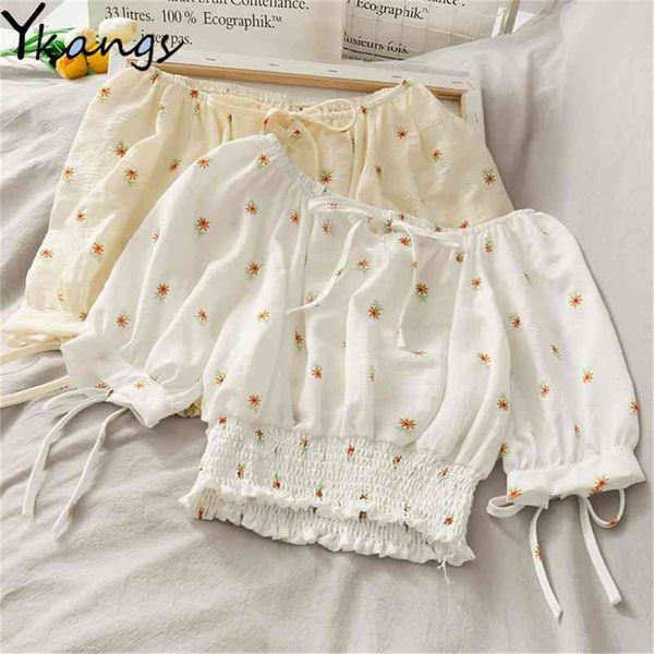 

white daisy flower print cropped blouse elastic waist slim bow tied strap sweet women summer wild candy color corset 210421, White;black