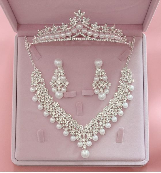 

magnificent pearl bridal sets women bride wedding party jewelry accessories crystal tiara crown earring necklace, Silver