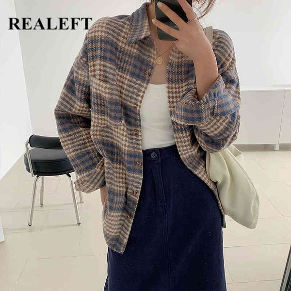 

woolen vintage plaid blouse women autumn winter one pocket single breasted shirts office work ladies 210428, White