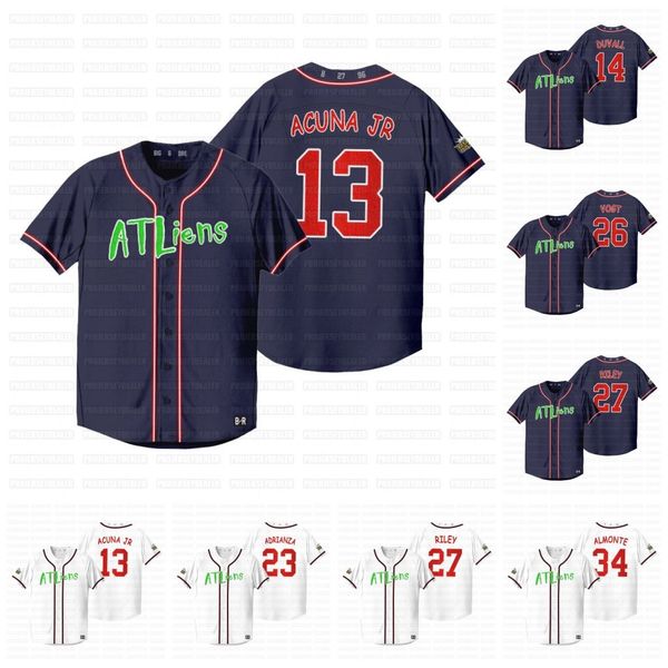 

womens ronald acuna jr. outkast 25th anniversary baseball atliens jersey marcell ozuna ozzie albies austin riley freddie an dansby swanson g, Blue;black