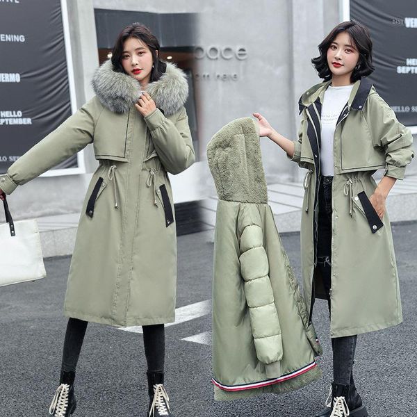 

women's down & parkas long fur hooded 2021 winter jacket women big pocket adjustable waist wool liner coat three ways to wear, Black