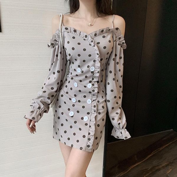 

casual dresses vintage dot slash neck off shoulder women's clothing mini-dress long sleeve ruffles spring autumn vestidos fashion, Black;gray