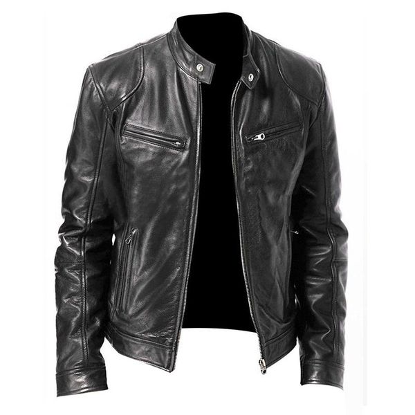 

men's jackets 2021 men leather stand collar zipper short motorcycle side pockets long sleeve winter biker -40, Black;brown