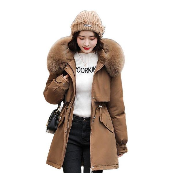 

women's down & parkas korean fashion plus velvet pieo overcome mid-length winter 2021 coats loose large fur collar thick coat, Black