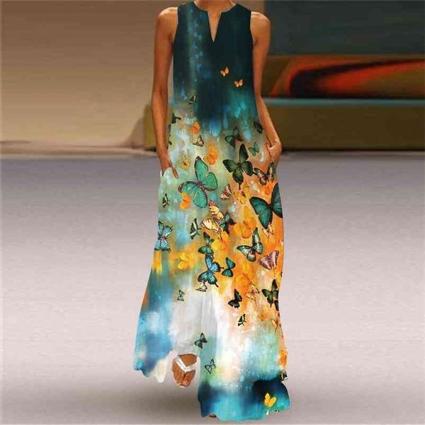 

ladies summer long dress sleeveless v-neck 3d printed tank retro floral plus size women loose beach es vestidos 210701, Black;gray
