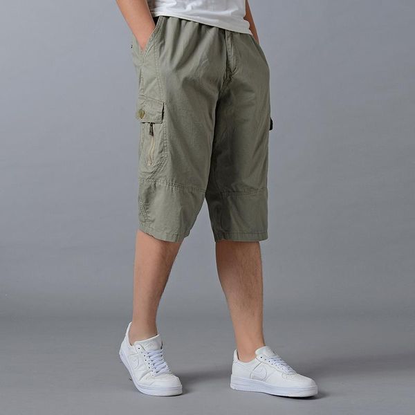 

men's shorts casual pants cotton elastics waist below knee cargo with 6 pockets big & tall summer work trousers loose straight, White;black