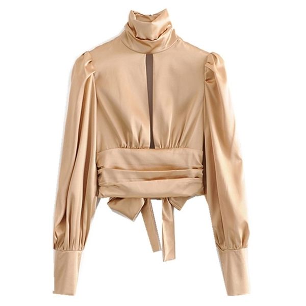 

autumn elegant ruched pleated slit backless silk shirt apricot fashion high collar tie bow blouse women blusas 210401, White