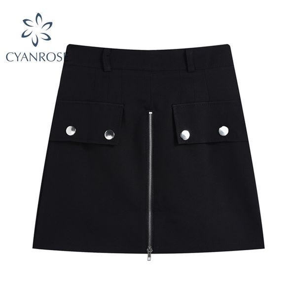 

black streetwear women's crop skirt a-line high waist zipper pocket mini wrap skirts female party club bar elegant clothes 210430