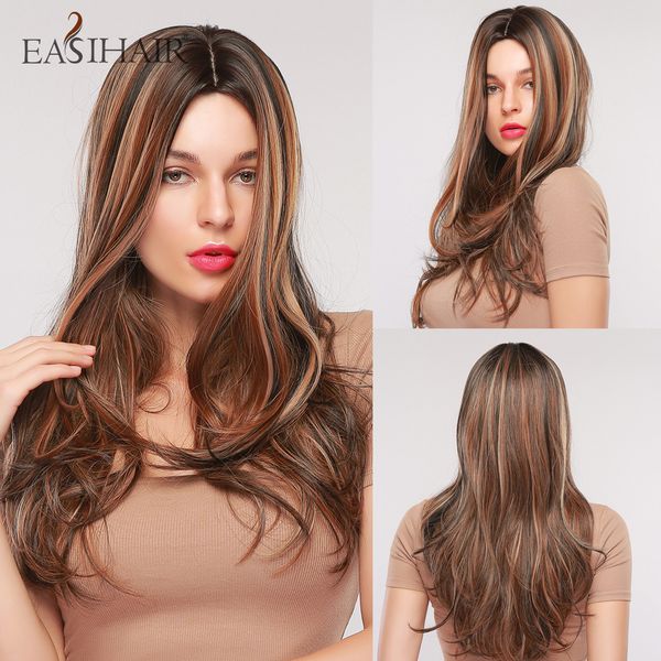 

brown ombre long synthetic hair highlihts wigs for women natural hair wigs wave heat resistant cosplay wigs, Black