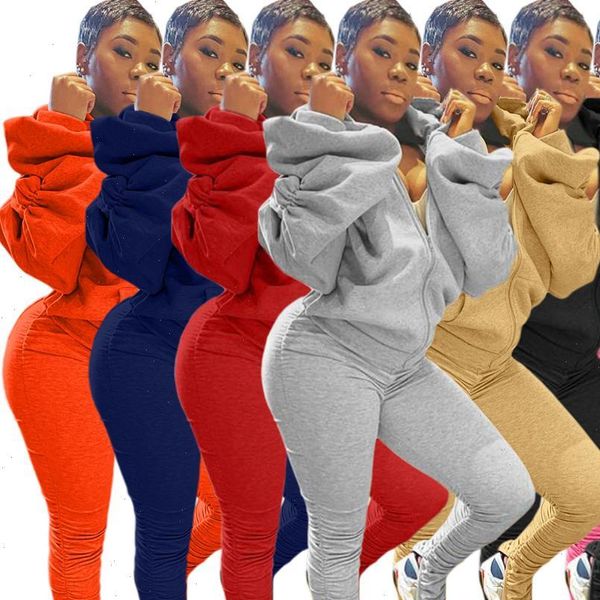

pleated split long pants suits womens tracksuits puff sleeve backless hooded sports casual 2 piece set jogger tracksuit matching, Gray