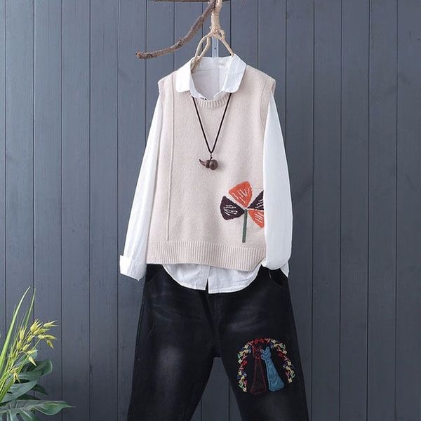 

women's sweaters literature and art fan knitted vest female sleeveless embroidery lazy maple bottoming women pullover spring hpo1, White;black