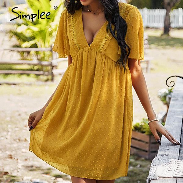 

simplee v-neck loose solid dress spring summer high waist ruffled short sleeve women comfortable holiday style casual dresses, Black;gray