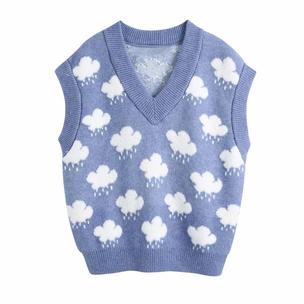 

spring women clouds jacquard knitting sweater female v neck sleeveless pullover casual lady loose sw1158 210430, Black;white