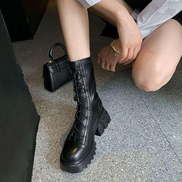 

boots women round toe platform side double zippers lace-up leather black brown chunky design trendy leisure