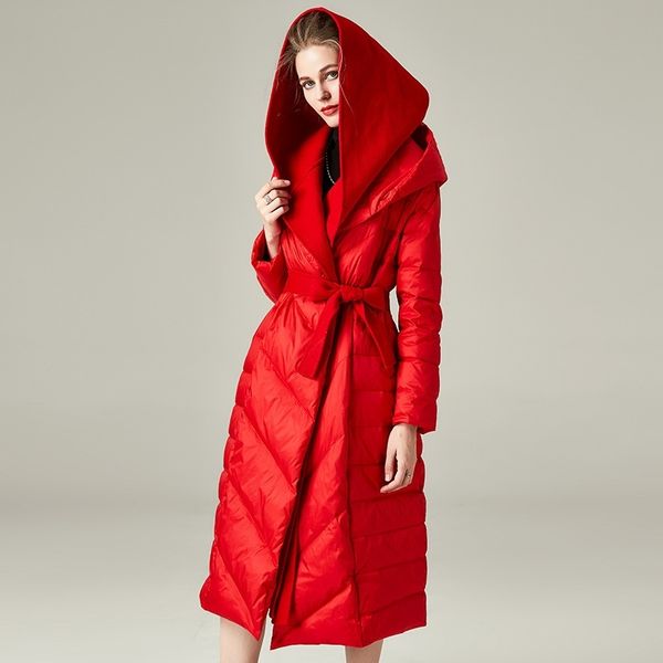 

2121autumn and winter long white duck down jacket women's 2021 new red splicing large hooded thickened, Black
