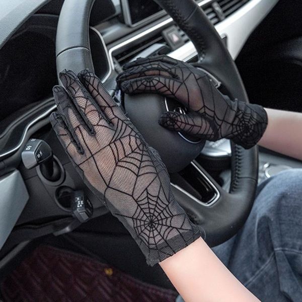 

five fingers gloves breathable lace mitten halloween spider web uv protection short sport hand covers for summer driving, Blue;gray