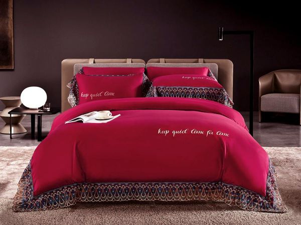 

bedding sets luxury wine red 100s egyptian cotton gold embroidery  king set bed duvet lace sheet cover fitted linen pillowcases