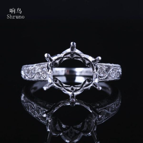 

cluster rings shruno sterling silver 925 women vintage trendy fine jewelry engagement wedding semi mount ring setting fit round cut 9-10mm, Golden;silver