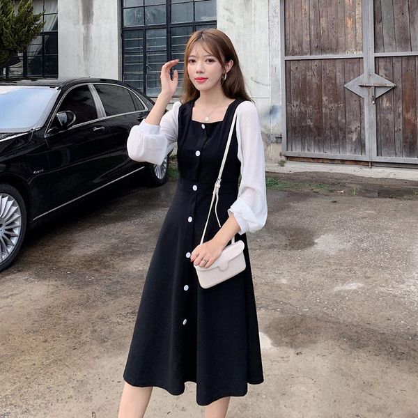 

casual dresses grazia donna 2021 autumn winter french style square collar vintage black dress long mesh sleeve midi korean one piece, Black;gray