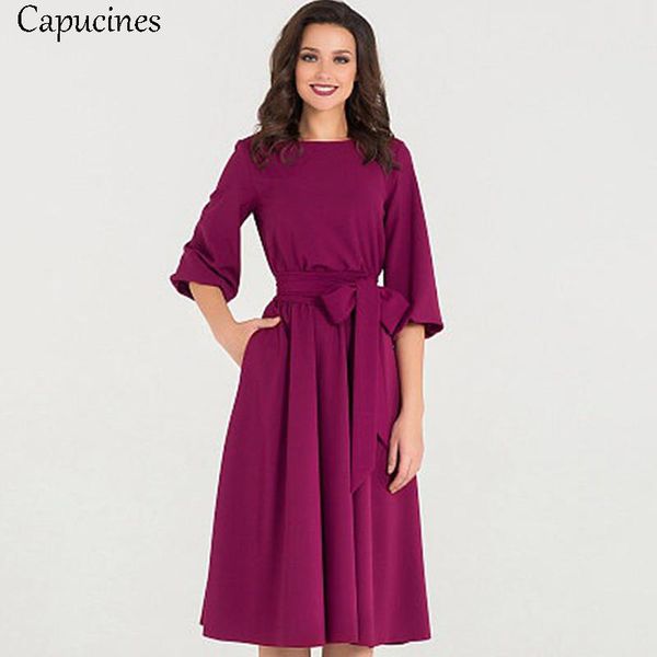 

vintage soild lantern sleeve a-line dress women 2021 elegant autumn knee-length pocket sashes o-neck half casual dresses, Black;gray