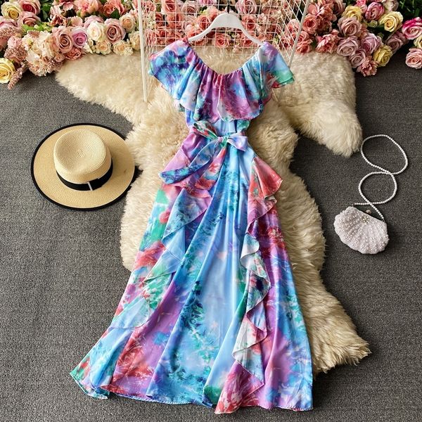 

fashion elegant tie-dye print off shoulder long dress waist ruffles big swing bohemian print a-line vestido 210420, Black;gray