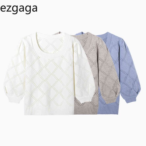 

ezgaga long puff sleeve sweater three quarter sleeve o-neck autumn new knit argyle sweaters office lady pullover casual 210430, White;black