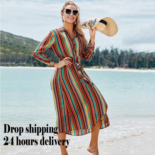 

women's swimwear boho cover up blouse color striped belt long skirt loose bikini robe quick-drying swimsuit sunscreen bathing beachwear, White;black