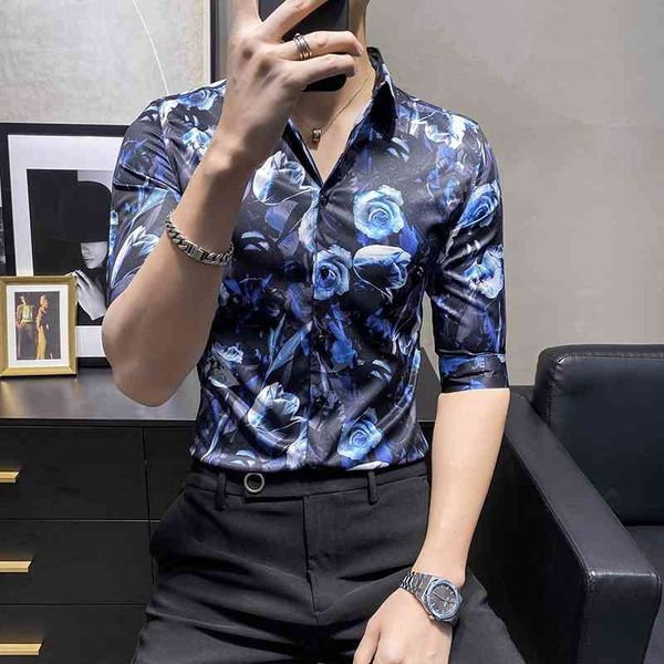 

blue flower shirts for men summer beach holiday casual shirt short sleeve slim fit casual shirt streetwear hair stylist clothing 210527, White;black