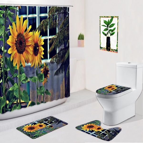 

shower curtains sunflower flower curtain floral plant non-slip flannel carpet toilet foot pad doormat bath mats bathroom decor