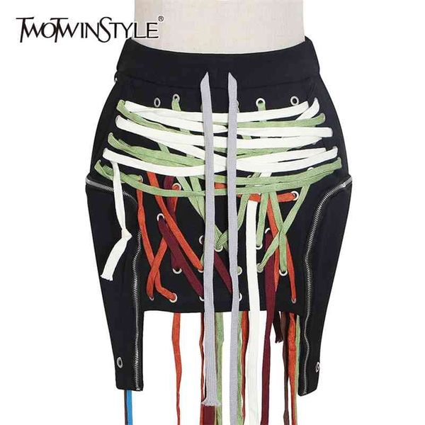 

twotwinstyle patchwork irregular bandage women skirt high waist mini plus size casual black skirts female summer new tide 210412