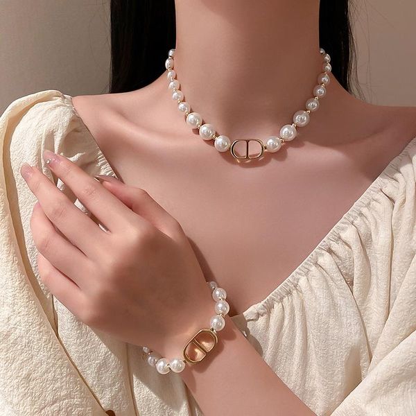 

chokers antique simulated pearl beaded chain choker necklace & bracelet charms neck jewelry for women wedding party gift, Golden;silver