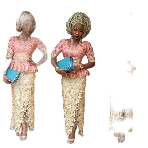 

prom dresses two pieces side split half sleeve ruffle lace nigerian evening gowns mermaid african formal wear, Black