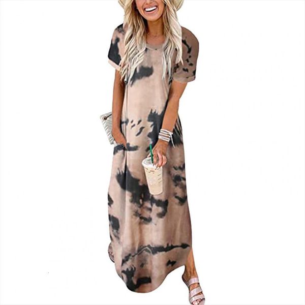 

sales maxi printed split women dress short sleeve round neck dating, Black;gray