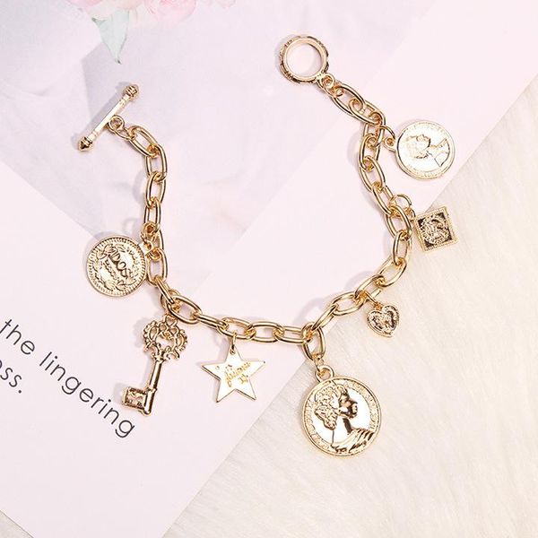 

link, chain gold cuban bracelet coin pendant star key heart toggle clasps plated alloy fashion for women, Black