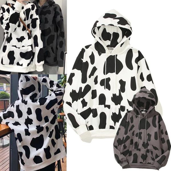 

men's hoodies & sweatshirts harajuku style cow spot print hoodie loose couple casual plus fleece hooded sweatshirt fashion personality, Black