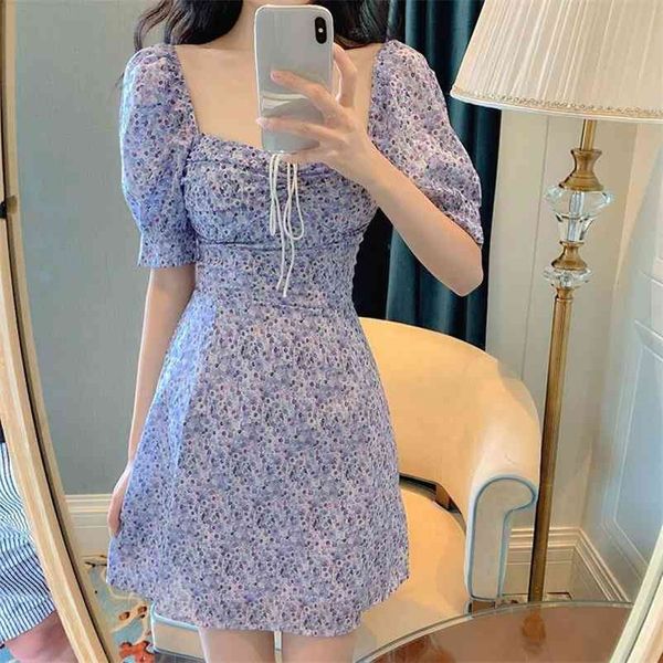 

summer floral dress women vintage puff sleeve chiffon party mini print elegant korean 210519, Black;gray