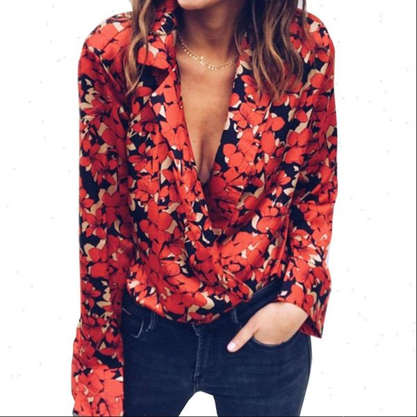 

arrival flower womens rompers bodysuits romper women deep v neck floral print casual long sleeve wrap over satin combinaison femme, Black;white