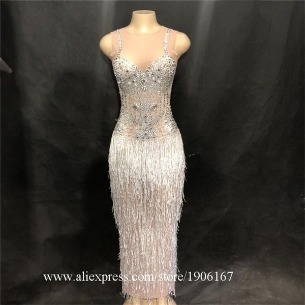 

party decoration model castwalk show lady fringed rhinestone stage evening dress christmad halloween wedding host singer costume