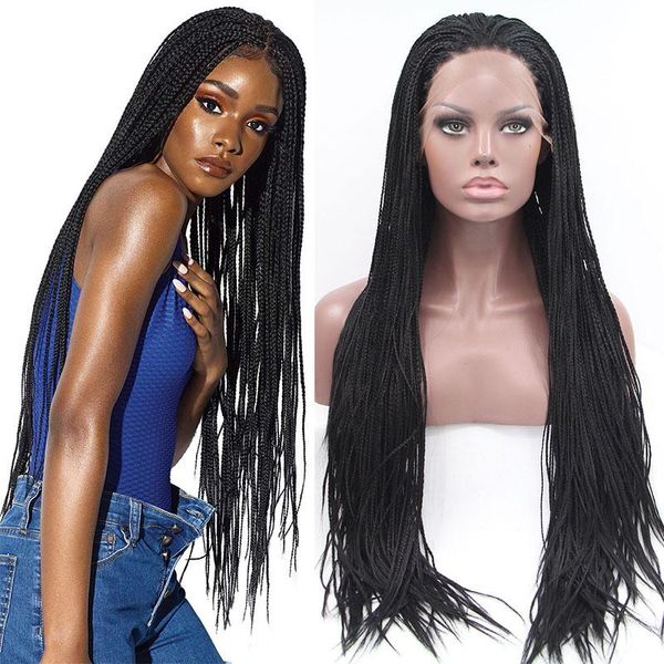 

synthetic wigs black twist braided wig with natural hairline 13x4 lace front part 26 inches long heat resistant glueless