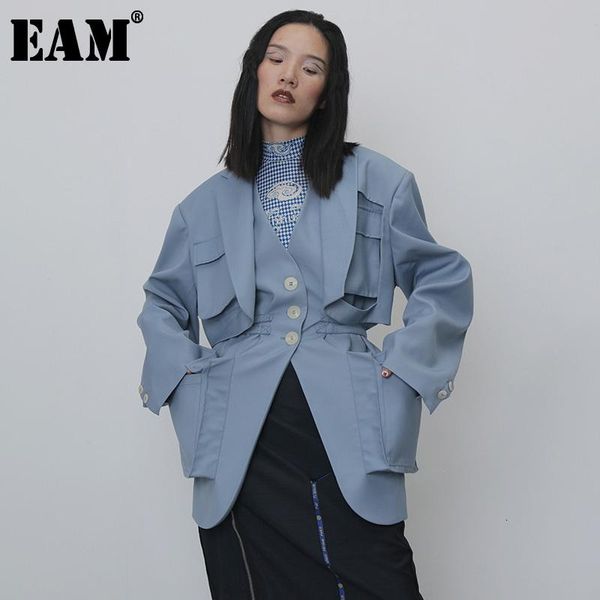 

women's trench coats [eam] women blue spllit pocket big size v-collar long sleeve loose fit windbreaker fashion spring autumn 2021 1h26, Tan;black