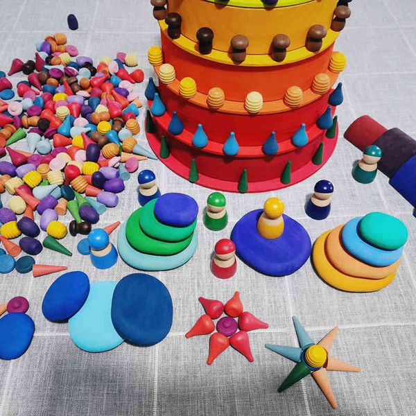 

kids wooden toys rainbow block loose parts mushroom honeycomb droplets tree cones creative building blocks for children 1020