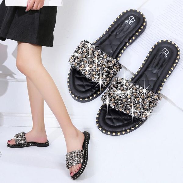 

slippers 2021 summer flat-heeled sandals and women fashion sequins outdoor wear, Black