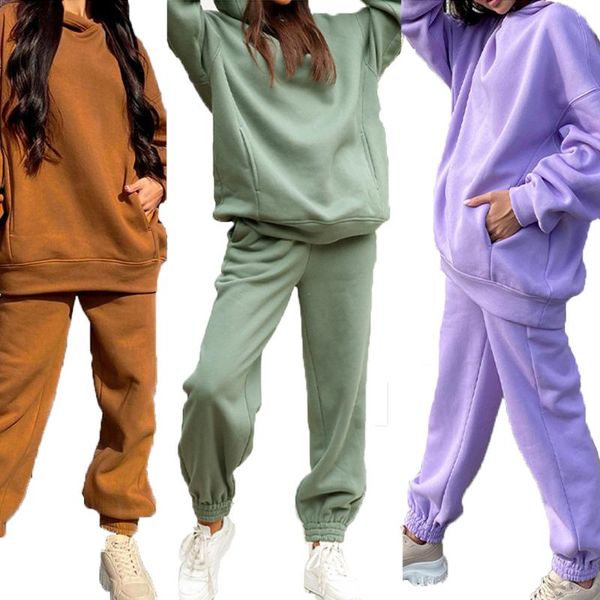 

women's two piece pants 2 pcs women brushed hoodies set long sleeve hooded lace-up jogger female solid loose suit party casual pockets, White