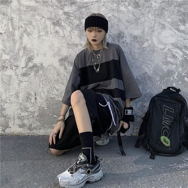 

women's t-shirt short sleeve 2021 ins american retro street dark striped all-match loose korean style color matching top, White