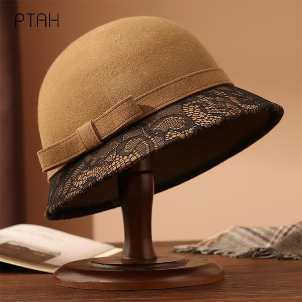 

stingy brim hats [ptah] fedora hat for women temperament autumn winter women's bow 100% australian wool wedding, Blue;gray