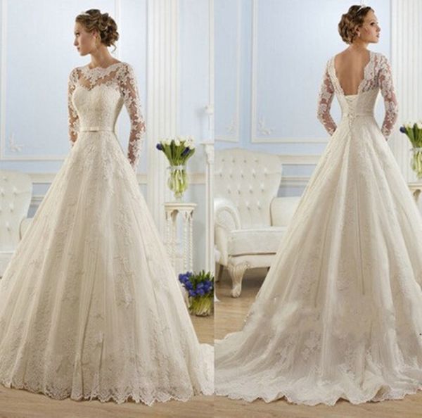 

jewel neck long sleeves lace applique bodice gowns court train a-line wedding dresses open back bridal vestido de noiva curto, White