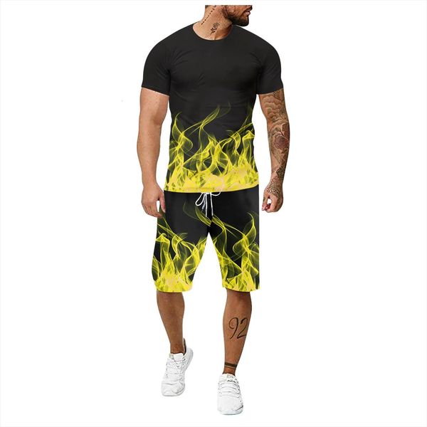 

kancoold clothing summer leisure mens tracksuit sports suits 3d flame print fitness outdoor running t shirt shorts two piece suit, Gray