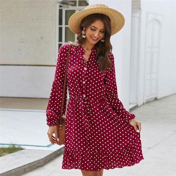 

casual dresses vintage ruffles dot print dress women full sleeve stand collar button slim spring summer female 2021, Black;gray