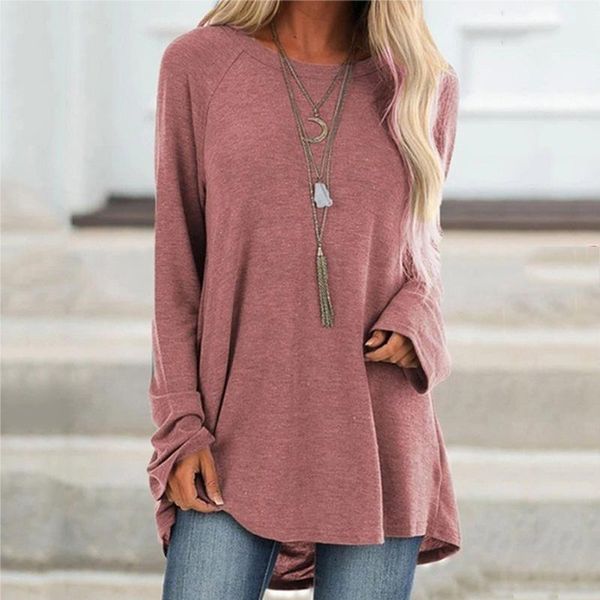 

women's t-shirt autumn long solid color casual loose round neck shirt sleeve pullover top, White